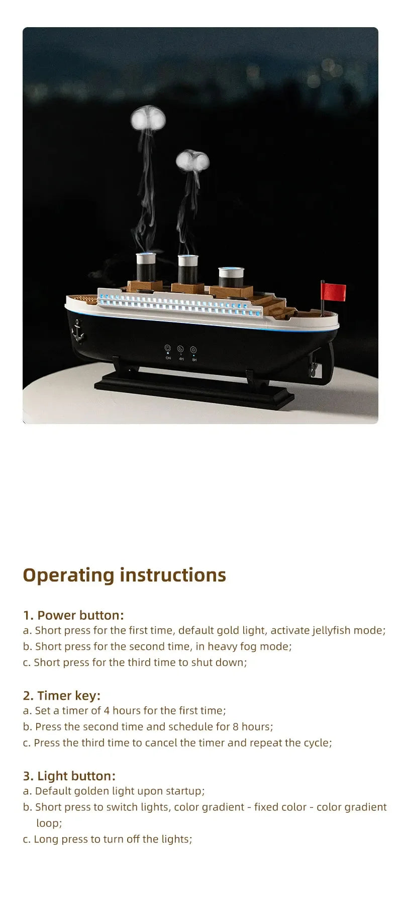 Titanic Ship Mist Humidifier with Remote Control – 250ml Aroma Diffuser (Jellyfish Smoke Effect)